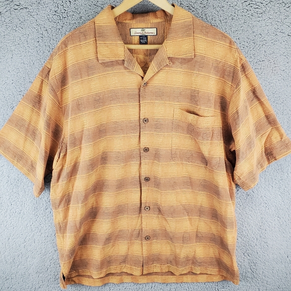 Tommy Bahama 100% Silk Button Up Casual Shirt Orange Striped Mens Large - Picture 1 of 8